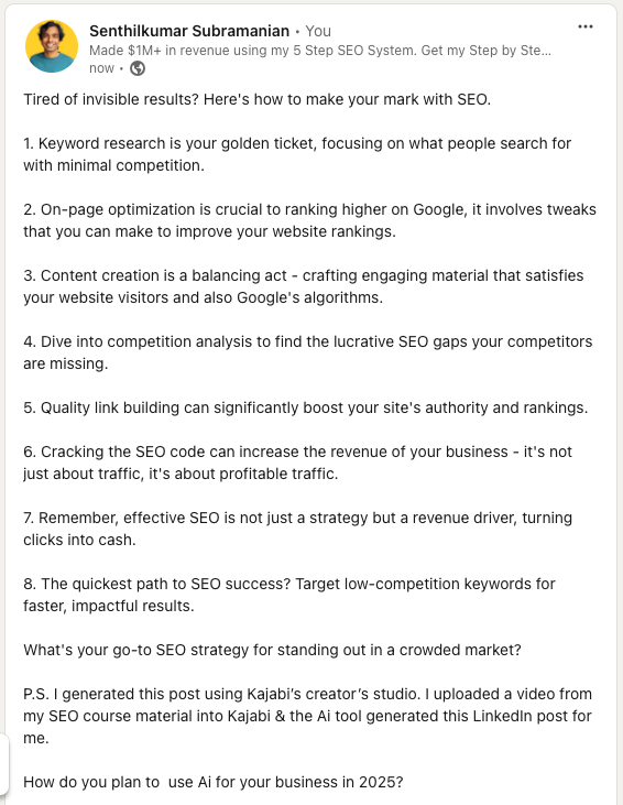 LinkedIn Post by Senthilkumar Subramanian using Kajabi Creator Studio Ai