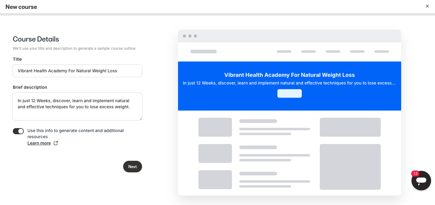 New Course with title and description kajabi