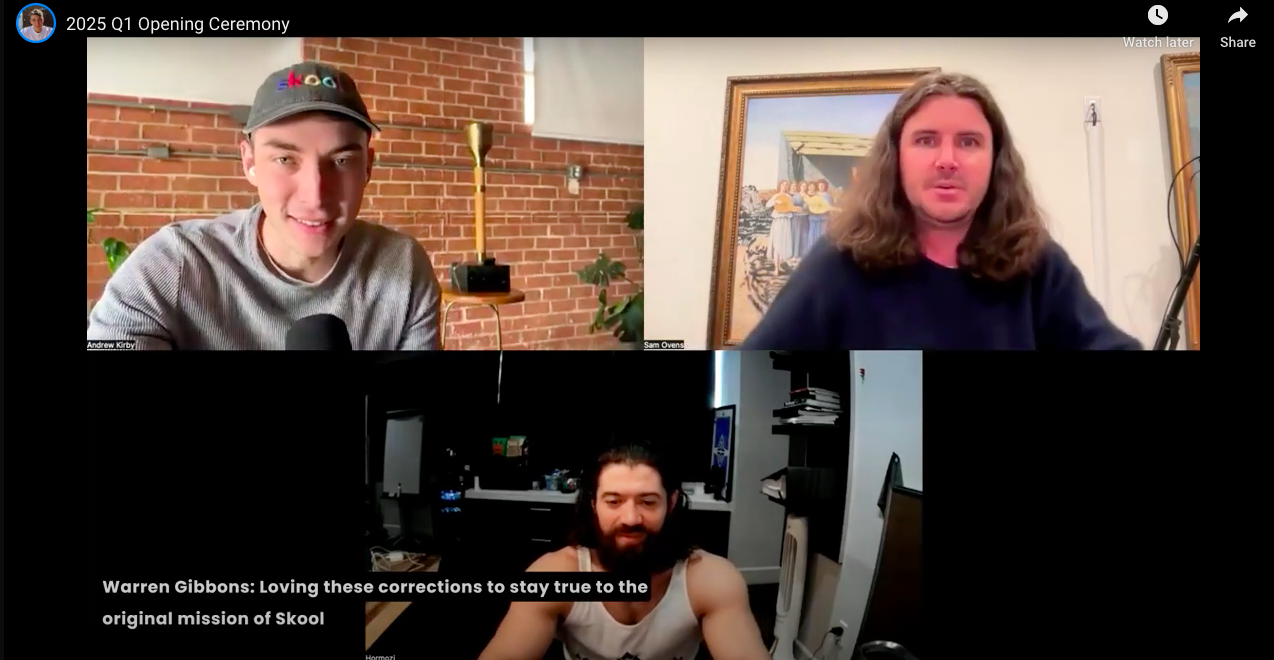 Screenshot of Alex Hormozi, Sam Ovens & Andrew Kirby at Q1 Opening Ceremony of the Skool Games