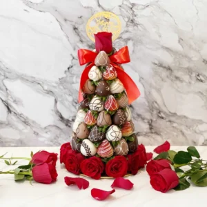 Romantic Love Fresh Fruit Arrangement with Chocolate Dipped Strawberry Tower & Roses